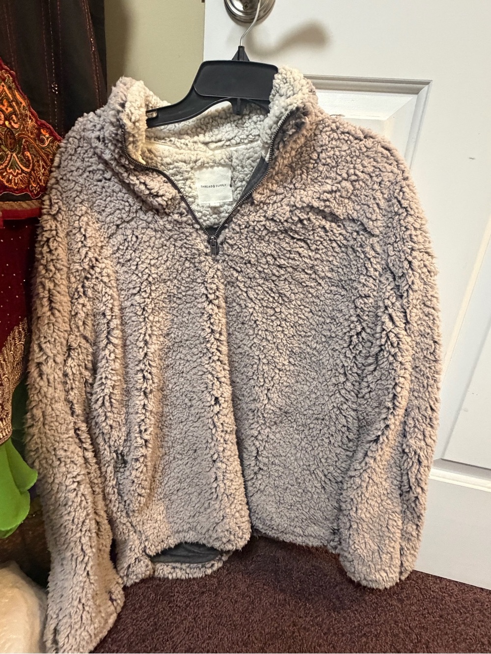 Thread & Supply Plush Teddy Half-Zip Jacket in Taupe